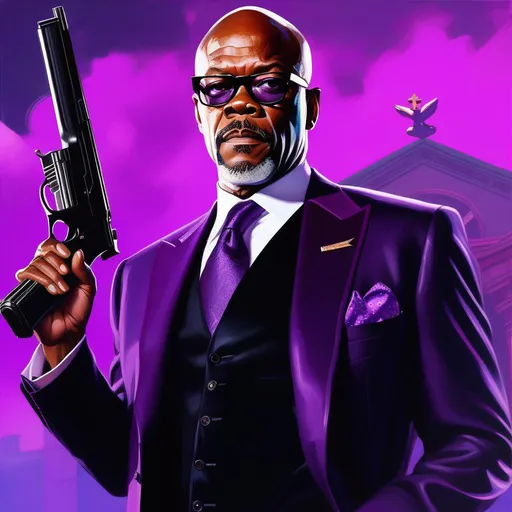 Prompt: Samuel L Jackson in Saints Row, guns, cartoony, purple atmosphere, extremely detailed painting by Greg Rutkowski and by Henry Justice Ford and by Steve Henderson