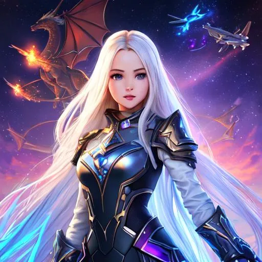 Prompt: modern movie poster with Dove Cameron in center focus, 1 female, straight long hair, ethereal, spaceship in background, dragons flying in background, dragoon artifact gear from ffxiv in background, war, castles on fire, royal vibe, highly detailed, digital painting, Trending on artstation , HD quality, pale skin , Big Eyes, sharp jaw line, artgerm, by Ilya Kuvshino
