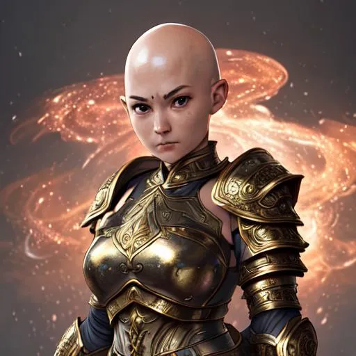 Prompt:  female monk+metallic armor+ bald+Full HD render + immense detail + dramatic lighting + well lit + black, character sheet, + fine esoteric symbolism | ultra - detailed realism, soft cinematic lighting, high - quality, engraved | highly detailed |digital painting, artstation, concept art, smooth, sharp focus, Nostalgic, ethereal, nebula, 8k, hyper detailed, intricate detail, photorealistic, space void galaxy universe