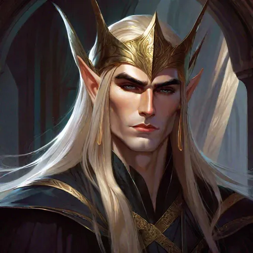 Prompt: portrait of an  male elf emperor long straight loose blonde hair, beautiful male face, slim, long pointy ears, sharp art, dark colors, correct anatomy, angry, clothing is royal, dark palette, grim, simple background art by artgerm and greg rutkowski and alphonse mucha