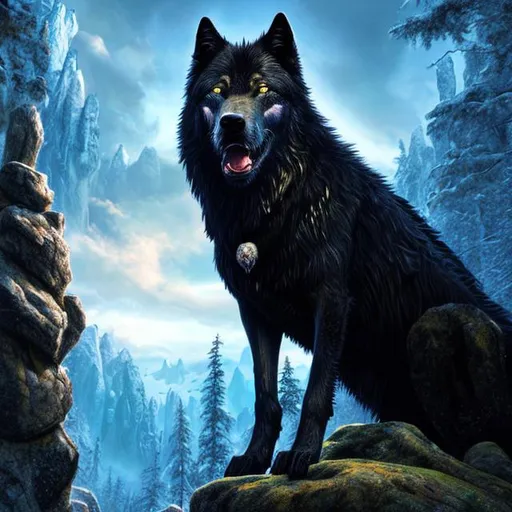 Prompt: ultra detailed, realistic digital art, rich colors,  pure black wolf with wolf pup, ice blue eyes, standing on large boulder, viewpoint looking up from the ground, dense forest background