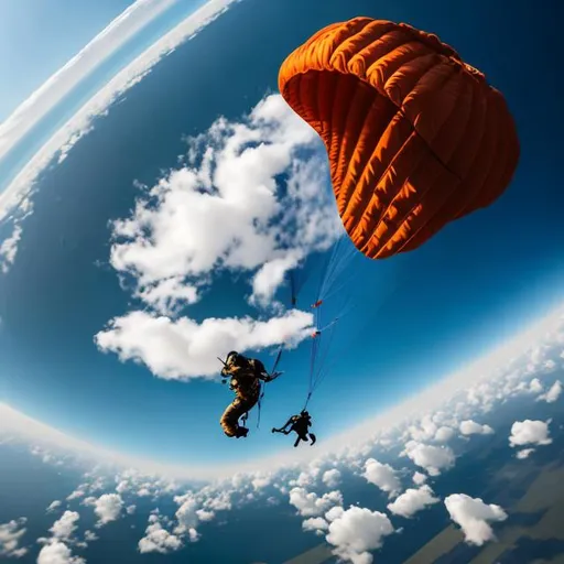 Prompt: A man parachuting down to a plateu, from his pov in the sky