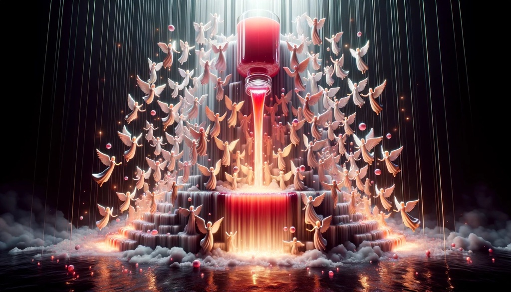 Prompt: 3D panoramic render with raytracing, illustrating a cascading waterfall made of a glowing love potion. As the potion flows, angels of varied appearances materialize. The scene is enriched by realistic lighting and reflections, emphasizing the angels' distinct glows, symbolizing the many faces of love.