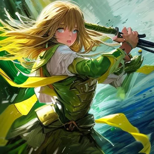 Prompt: (masterpiece), anime art, best quality, expressive eyes, perfect face, 1girl, fourteen years old girl, full body, long green hair, long hair, unbound hair, green right eye, blue left eye, heterochromatic eyes, standing, holding a pike, weapon, gauntlets, greaves, thigh highs armour, green dress with yellow ribbons, open front gown, green gown, choker with a green gem, strings connected to the body, strings going upward, giant hands above, black gloved hands above, strings emanating from the giant hands