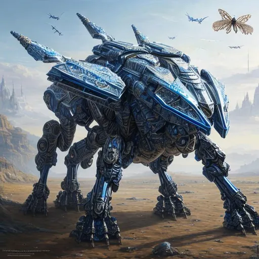Prompt: full body picture of a four legged futuristic blue and white insectoid War Droid fully covered with gorgeous detailed blue and white plate armor, complex, detailed, 8K, Full HD, 

masterpiece photographic real digital ultra realistic hyperdetailed,  

soft focus, digital painting, oil painting, clean art, professional, colorful, rich deep color, concept art, CGI winning award, UHD, HDR, 8K, RPG, UHD render, HDR render, 3D render cinema 4D