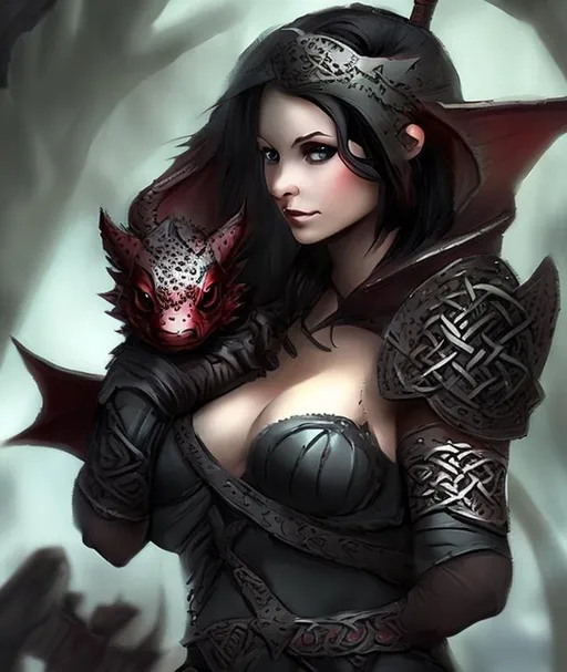 Prompt: Baby Red Dragon On Shoulder, Celtic, Beautiful, Female, Black Hair, Cleavage, Assassin