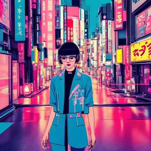 Prompt: a  career woman on a street in tokyo, realistic, futuristic, 4K, in the background the metaverse, neon, in the style of Andy warhol, vibrant pastels