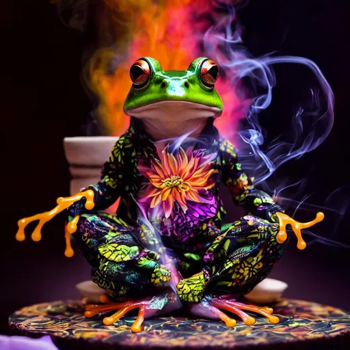 A frog wearing pajamas is sitting on top of a table... | OpenArt