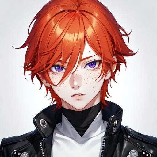 Prompt: Erikku male adult (short ginger hair, freckles, right eye blue left eye purple) UHD, 8K, Highly detailed, insane detail, best quality, high quality,  anime style, biker 