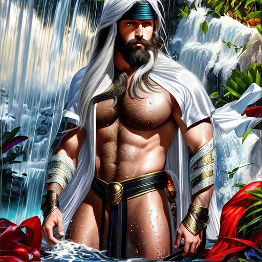 Prompt: Heroic, Epic, Stunning, Vivid, 3D HD dramatic cinematic [({one}{(Rugged bearded benevolent {god}male liquid silk, Beautiful big reflective eyes, long flowing hair}, expansive magical waterfall background, hyper realistic, 8K --s98500
