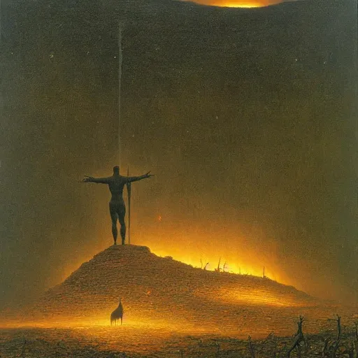 Prompt: Hyper-realistic nightmarish painting by Zdzisław Beksiński of a warrior standing upon a landscape of corpses as he is consumed by fire. A glimmer of hope shines above the warrior, painted by Alejandro Bursido. Subtle green hellfire | quasar | galaxies | cosmic| tearing space and time apart | chaos | suffering | malevolence | grim | thin subtle green lightning | despair | UHD, 4K, 8K, 64K, extremely detailed