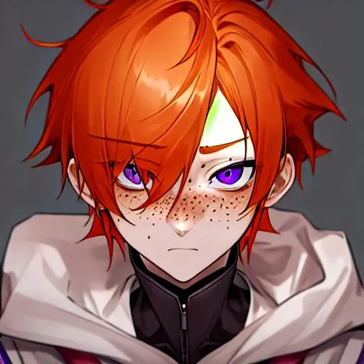 Prompt: Erikku male adult (short ginger hair, freckles, right eye blue left eye purple) UHD, 8K, Highly detailed, insane detail, best quality, high quality,