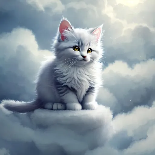 Prompt: Cute, very, very, light gray, fluffy, fantasy light kitten, with cloudy, white eyes, very, light, light, gray fur, and possessing the element of air and making circles of clouds and air move around in the air in a magical way, in a space background. Perfect features, extremely detailed, realistic. Krenz Cushart + loish +gaston bussiere +craig mullins, j. c. leyendecker +Artgerm.