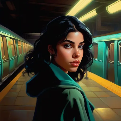 Prompt: Third person, gameplay, young Puerto Rican woman, pale olive skin, black hair, dark brown eyes, early 2000s, abandoned subway station, teal atmosphere, cartoony style, extremely detailed painting by Greg Rutkowski and by Henry Justice Ford and by Steve Henderson 