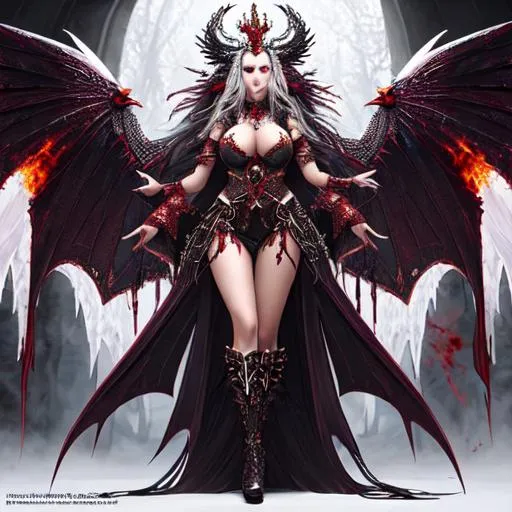 Prompt: {{{{highest quality concept art masterpiece full body view}}}}, {{sexy}}, {{huge breast}} {{long white hair}}{{blood dripping on her lips licking}} {{fire and ice huge vampire wings}}


3/4 view, Insanely detailed photograph of an elaborate and enigmatic "Akasha queen of the Vampire ", realistic, cinematic, intricate and hyperdetailed, fantasy art, album cover art, frozen Castle in the arctic  , 3D soft lighting, features, dark castle