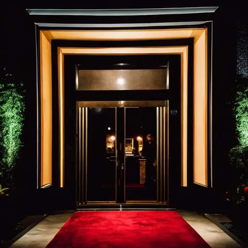 Prompt: Outside view of an upscale lounge. dim lighting surrounds the closed door. There is  red carpet in front of the door with velvet ropes along the edges.
