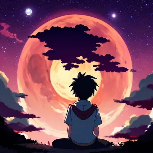 Prompt: a teenage boy, sat on a broom, from behind, in the night sky, with a red and purple moon, in the style of studio Ghibli
