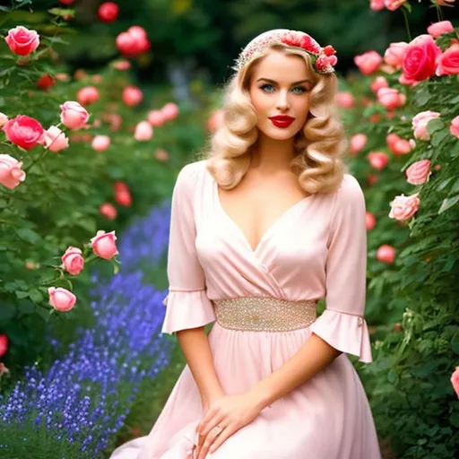 Prompt: 1940s beautiful blonde haired blue-eyed woman in a pretty salmon colored dress wearing red lipstick with a white bonnet in a garden surrounded by roses