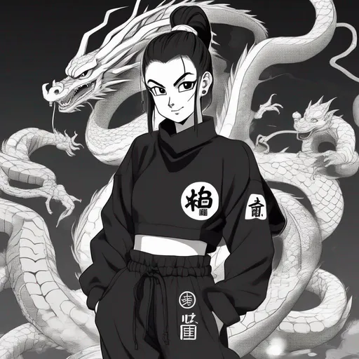 Prompt: Dragon Ball art style, young adult female, wearing black and white GI, shenron background, black baggy pants, black short ponytail, black eyes.
