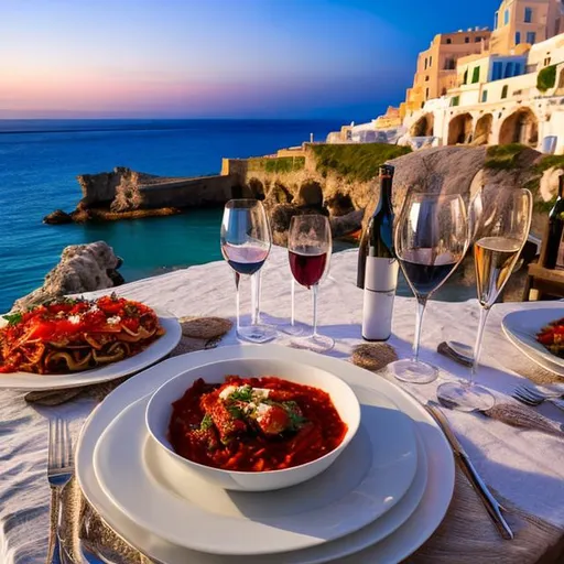 Prompt: "Generate an image of a romantic dinner scene for two at the beach in Polignano a Mare, Italy, known for its stunning coastal views. Set a table right by the shoreline, creating a picturesque beachside dining experience. Ensure that the beautiful serving platter with a mouthwatering lasagna, rich in bolognese sauce, is prominently featured as the centerpiece of the scene. Additionally, include two glasses, one with exceptionally refreshing and sparkling green grape juice with plenty of ice cubes and the other with crisp apple juice, making the lasagna and the juices the focal points. The romantic ambiance should complement this beautiful Italian coastal setting."."


" ultra hd, realistic, vivid colors, highly detailed, UHD drawing, pen and ink, perfect composition, beautiful detailed intricate insanely detailed octane render trending on artstation, 8k artistic photography, photorealistic concept art, soft natural volumetric cinematic perfect light"

