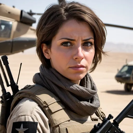 Prompt: A female soldier with short brown hair looking off in the distance. Her eyes are expressionless. She's wearing a brown shemagh scarf around her neck. She's wearing dark gray kevlar armor and holding a black assault rifle. She's in the desert with a blackhawk helicopter in the distant background.