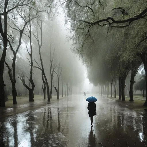 Prompt: Person walking on rain between trees
