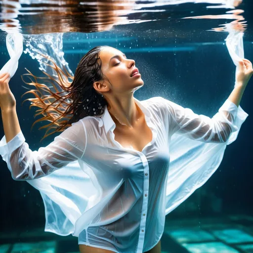 Prompt: photo of young woman, soaking wet clothes, none, none, white blouse,  , emerging from underwater,   enjoying, water dripping from clothes, clothes stuck to body,  detailed textures of the wet fabric, wet face, wet plastered hair,  wet, drenched, professional, high-quality details, full body view.