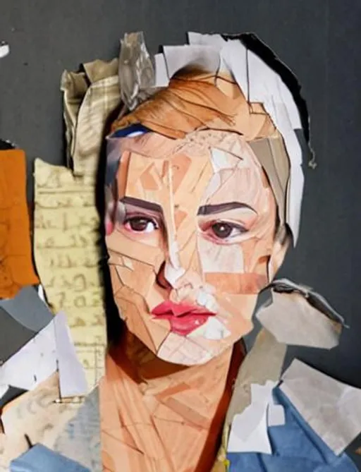 Prompt: torn paper collage portrait of a woman, some pieces of paper slightly lifted off of page, interesting composition, torn edges, some newsprint, Marie Claire, vogue