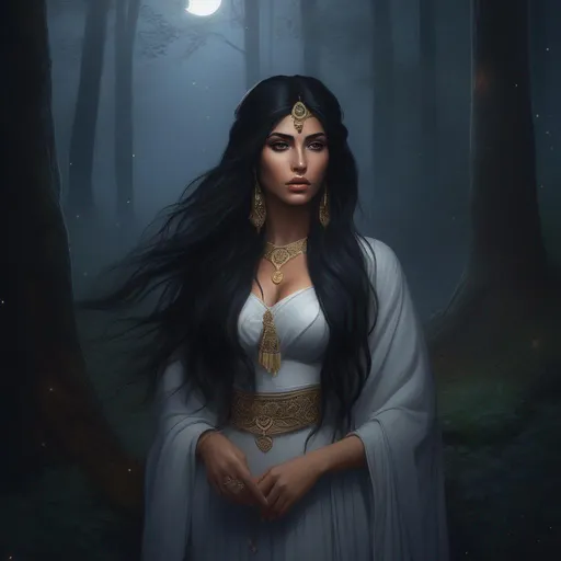 Prompt: highest quality anime art masterpiece, digital drawing, armenian woman with long black hair:vistani, sad in a forest on a dark foggy night, tanned skin:2, waxing moon, huge hooked aquiline algerian nose, ethereal, jewelry set, highres, realistic, highly detailed, fantasy, gypsy, roma, D&D, Ravenloft, by Ilya Kuvshinov