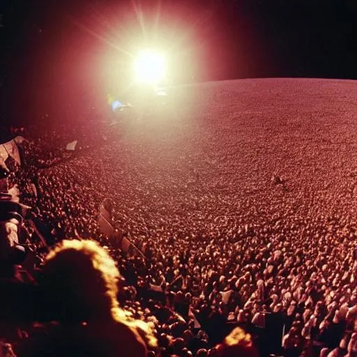 Prompt: The Jimi Hendrix Experience playing a concert on a giant stage, in front of an enormous crowd, on the surface of Mars, from the perspective of being in the crowd somewhat close to stage center, but not too close. The sun in the sky behind the stage. Vivid realism 