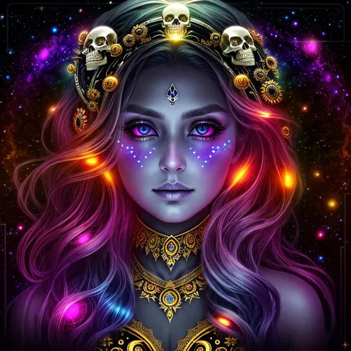 Prompt: dark, Epic, Beautiful, Plasma {Liquid}Skull gold silver black, big dreamy eyes, beautiful intricately-colored, symmetrical, Beautiful and Gorgeous, hyper realistic, expansive psychedelic background, hyper realistic, 64K --s99500