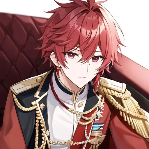 Prompt: Zerif male (Red half-shaved hair covering his right eye) 4k, wearing a royal uniform