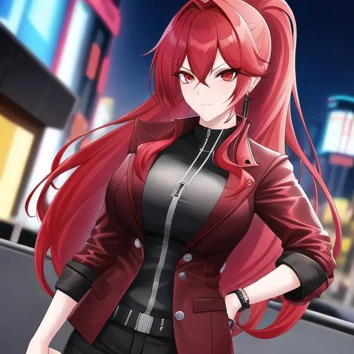 Prompt: Amy. 1female. She has long red hair pulled back into a ponytail. She is a cyberpunk CEO. She is wearing casual but well-tailored clothes. Adam Manyoki, sots art, official art, a character portrait. Sadistic look in her eyes