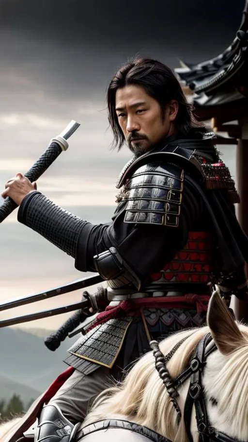 Prompt: Young Hiroyuki Sanada as a Samurai Photorealistic Overdetailed Portrait, Well Detailed face, Black and Dark grey Robes and Armor, Black hair, Detailed Hands, Detailed Twilight Background, Intricately Detailed, Award Winning, Photograph, Film Quality.