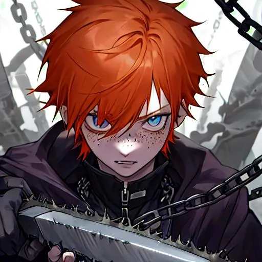 Prompt: Erikku male adult (short ginger hair, freckles, right eye blue left eye purple) 8K, Highly detailed, insane detail, best quality, high quality, holding a chain saw