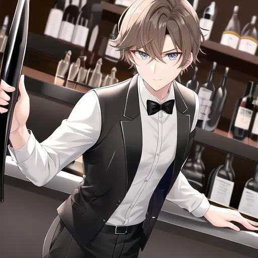 Prompt: Alex 1male. Short light brown hair. Soft and mesmerizing light grey eyes. Wearing a sleek black button-up shirt, paired with tailored black pants and shiny leather shoes. He completes the look with a stylish black vest and a classic black bow tie. UHD, 8K, standing behind a bar counter