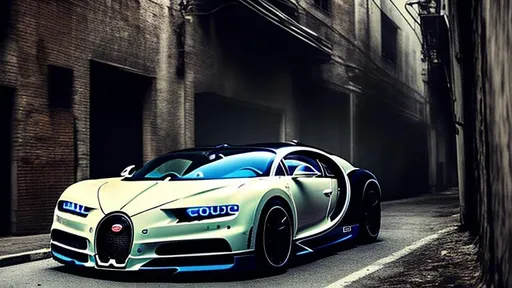Prompt: Bugatti Chiron, in a dark forgotten trash filled alley way, no light coming in, with trash flying around, in the crack of dawn