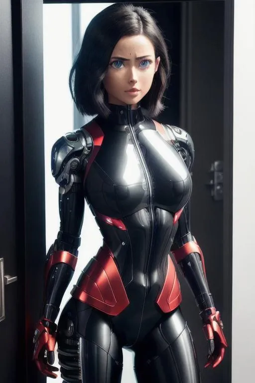 Prompt: ((16K UHD HDR)), Ultra-Realistic Ultra-Detailed, Alita Peeking out from behind her bedroom door. Sleek Metal Cyborg Arms. Bob-Styled Hair Framing Her Adorable Young Face. ((Bright Red Eyes)). Tank-Top over Glossy Metallic Cyborg Body. Dramatic Shadows Accentuating Her Sensual Beauty. ((Octane Render by WETA Digital)). Kawaii ♥