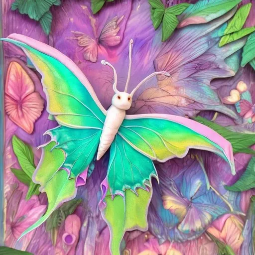 Prompt: Pastel Luna moth diorama in the style of Lisa frank