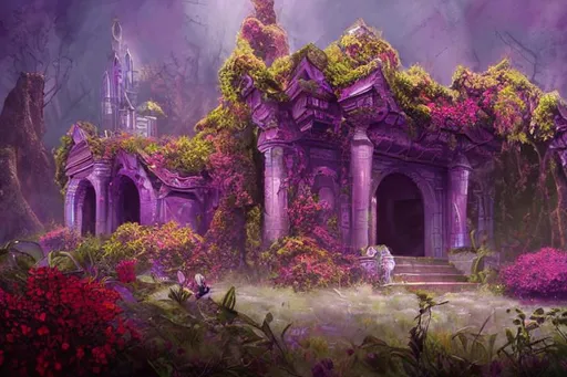 Prompt: vibrant, cinematic painting of a fantasy overgrown temple with shades of purple and red