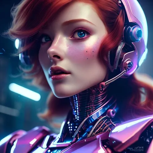 Prompt: a beautiful robot red head woman, feminine look, soft skin, retro like, octane rendered 4k, hyperrealism, highly detailed, futuristic look, cinema 4k, lots of details, blue and purple background with stars, epic look, portrait 