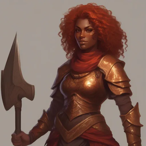 Prompt: dnd a dwarvern woman with red fiery curly hair with dark tan skin wearing bronze armor sun goddess 