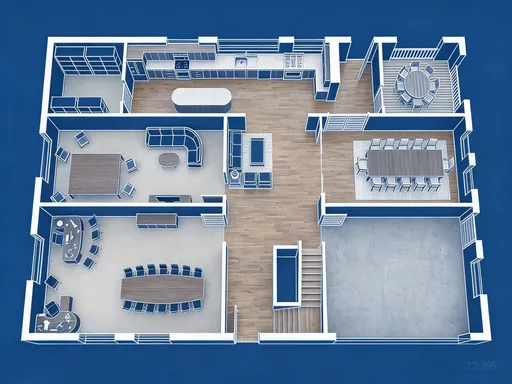 Prompt: Please generate a digital isometric blueprint drawing, viewed from above, showcasing this detailed floor plan. The room is outlined in white against a solid blue background (color code is 223959), emphasizing the structural layout. 

The overall style is clean and modern, with a focus on functional layout and minimalistic design. The image provides a clear, uncluttered view of the room's layout and contents.
