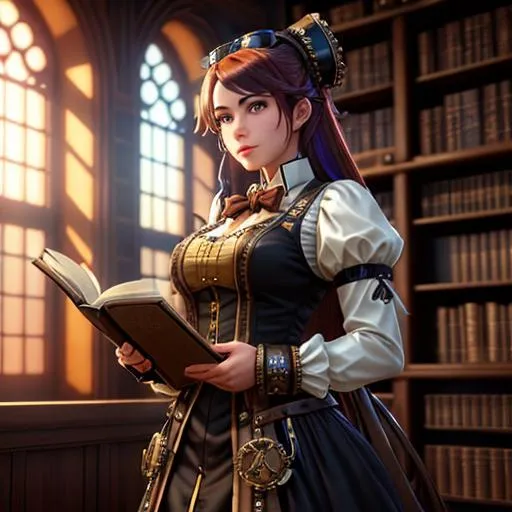 a steampunk female maid holding a stack of books, st... | OpenArt