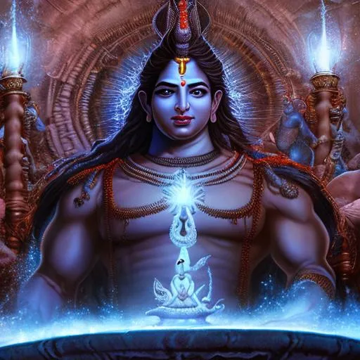 Prompt: Massive Lord Shiva standing in tidal dark tsunami armed with traditional Hindu trishul weapon, cobras around neck as necklace, battle stanced, bearded, blue skin with Hindu tattoos, hd, hyperrealism, glowing eyes, powerful aesthetic, unreal engine render, fantasy art 4k, ultra HD render, 4k digital art, 4k digital photography, motion blur, intricately detailed, cultural detail to weapons and jewelry