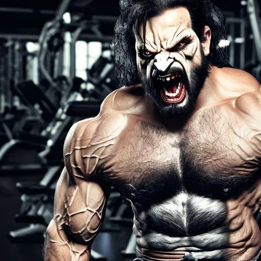 Prompt: Lobo goes to the gym and his angry. Realistic photography 
