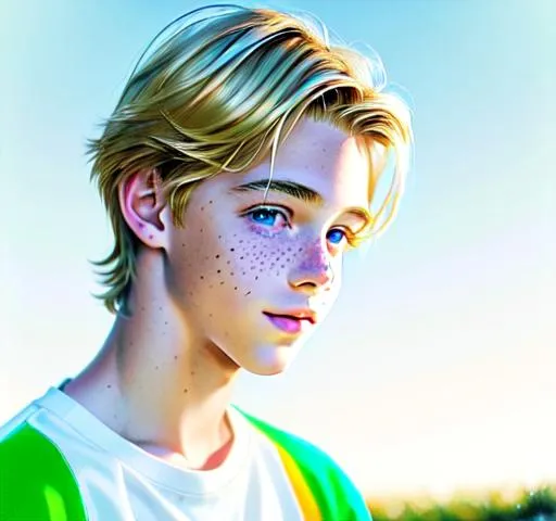 Prompt: Hyperrealistic Hyperrealism front view of face (headshot) (straight forward view) Beautiful young teen boy, (kid cole sprouse)+++ blond boy, straight hair, happy eyes, innocent, boy model, 16 years old, pretty, cute, freckles, cinematic lighting, blue sky, bright colors, blue, green, yellow, white,  luminous, hyperdetailed, great composition, professional, artstation award