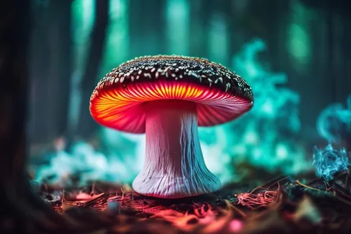 Prompt: Colorful Mushroom in a dark forest, smoke, trippy