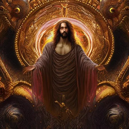 Prompt: highly detailed oil painting | very intricate | cinematic lighting | neon and blood colors | gothic background | a beautiful Jesus Christ, emerging from his tomb, gold glowing skin, long elegant tangles of black hair, hyper realistic masterpiece, highly contrast water color pastel mix, sharp focus, digital painting, pastel mix art, digital art, clean art, professional, contrast color, contrast, colorful, rich deep color, studio lighting, dynamic light, deliberate, concept art, highly contrast light, strong back light, hyper detailed, super detailed, render, CGI winning award, hyper realistic, ultra realistic, UHD, HDR, 64K, RPG, inspired by wlop, UHD render, HDR render
