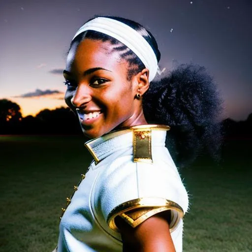 Prompt: (Hyperrealistic sharp highly detailed photography of sparring partners)
Ebonian fencer women, beautiful, strong, fast, strong-willed, determined, smiling, complice, enjoying, golden headband. Sparring. Traditionnal white outfit. Tribal.
Old training field. Outside. Night. Dark. Perfect face.